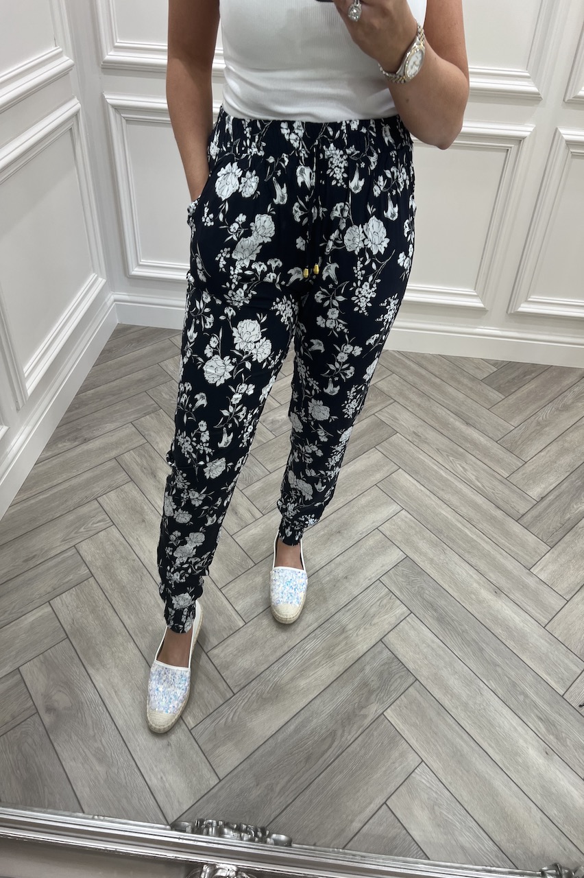 Edrice Navy  Floral Elasticated Trousers