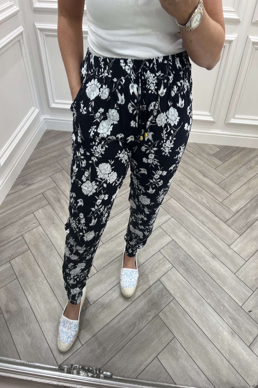 Edrice Navy  Floral Elasticated Trousers