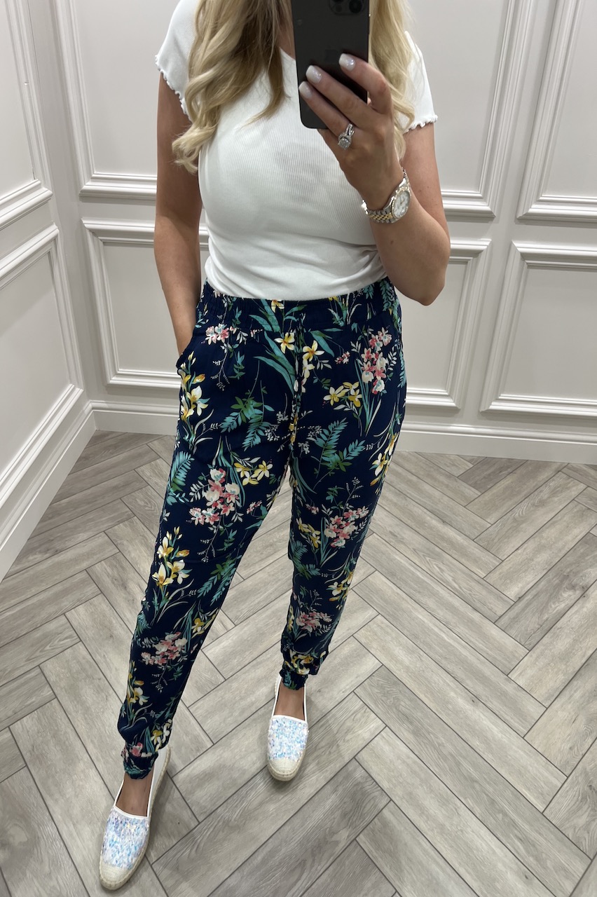 Aura Navy Floral Elasticated Trousers