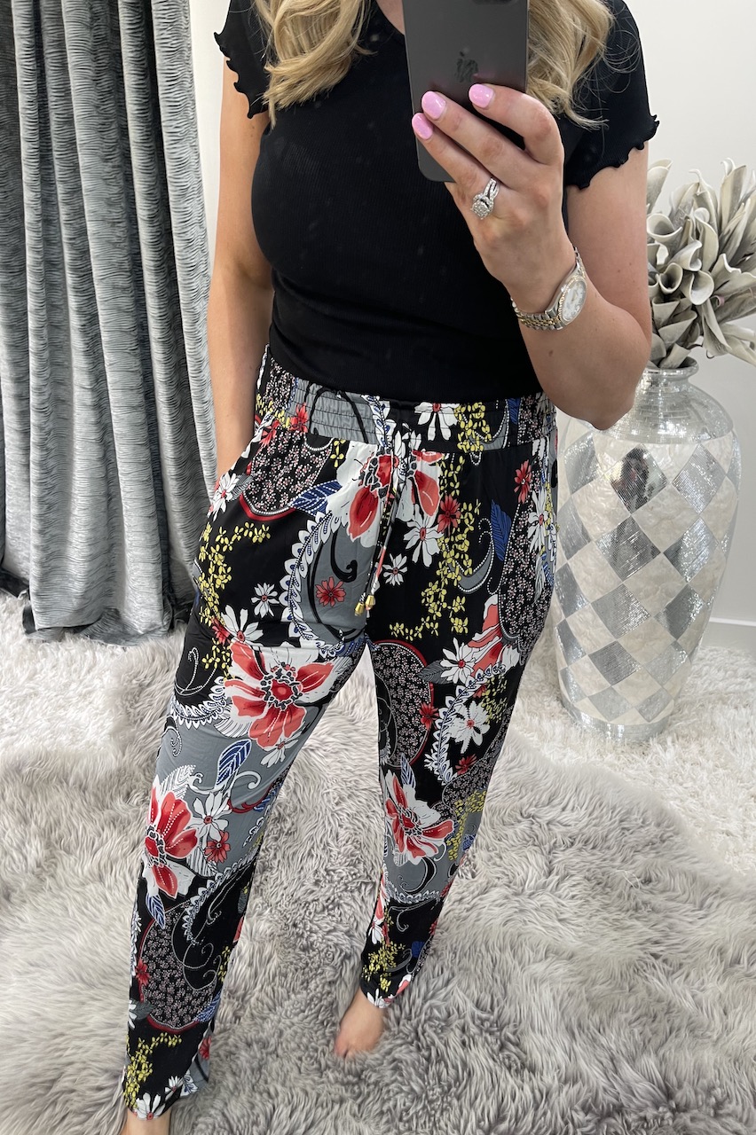 Patchwork Black Floral Elasticated Trousers