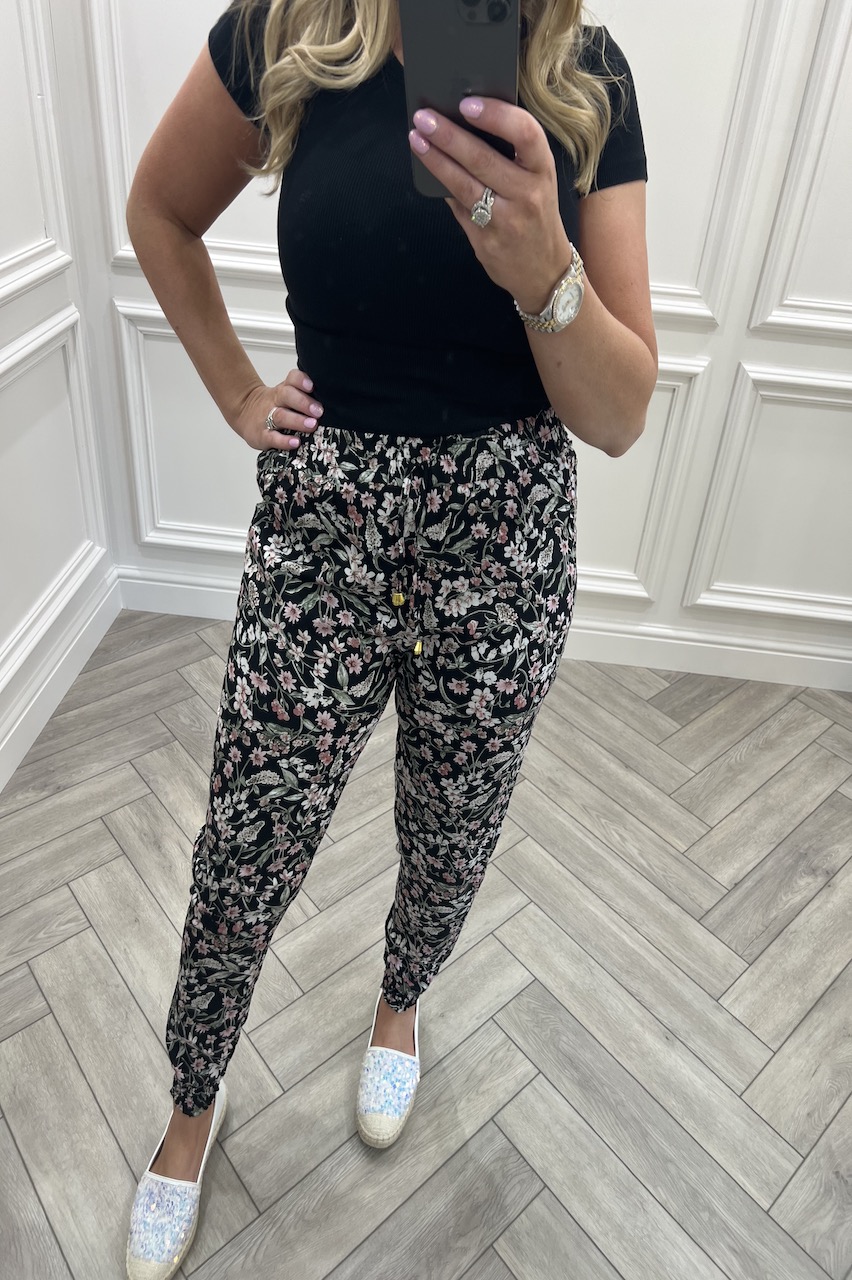 Andrea Black Floral Elasticated Trousers 