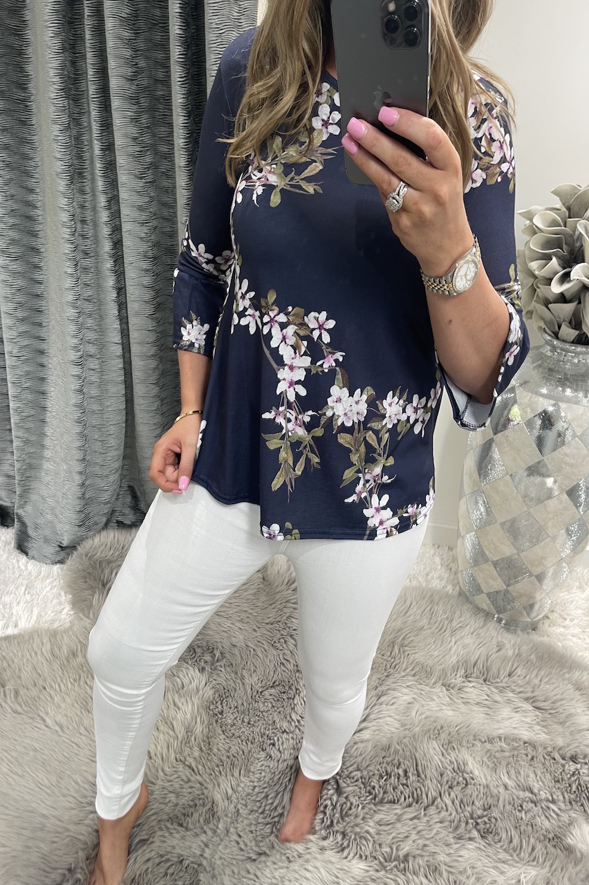 Amaryllis Navy Floral Flute Top