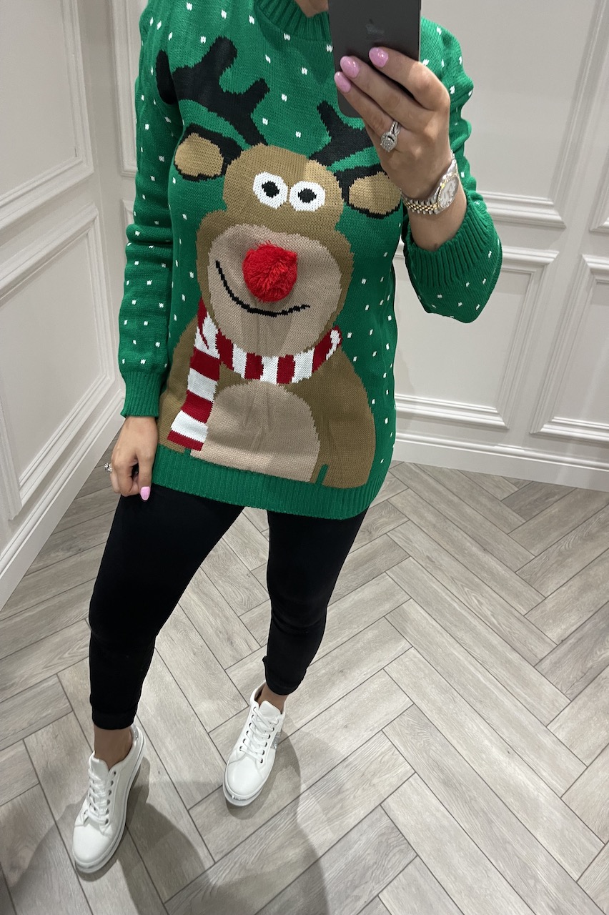 Green Reindeer Pom Pom Nose Christmas Jumper