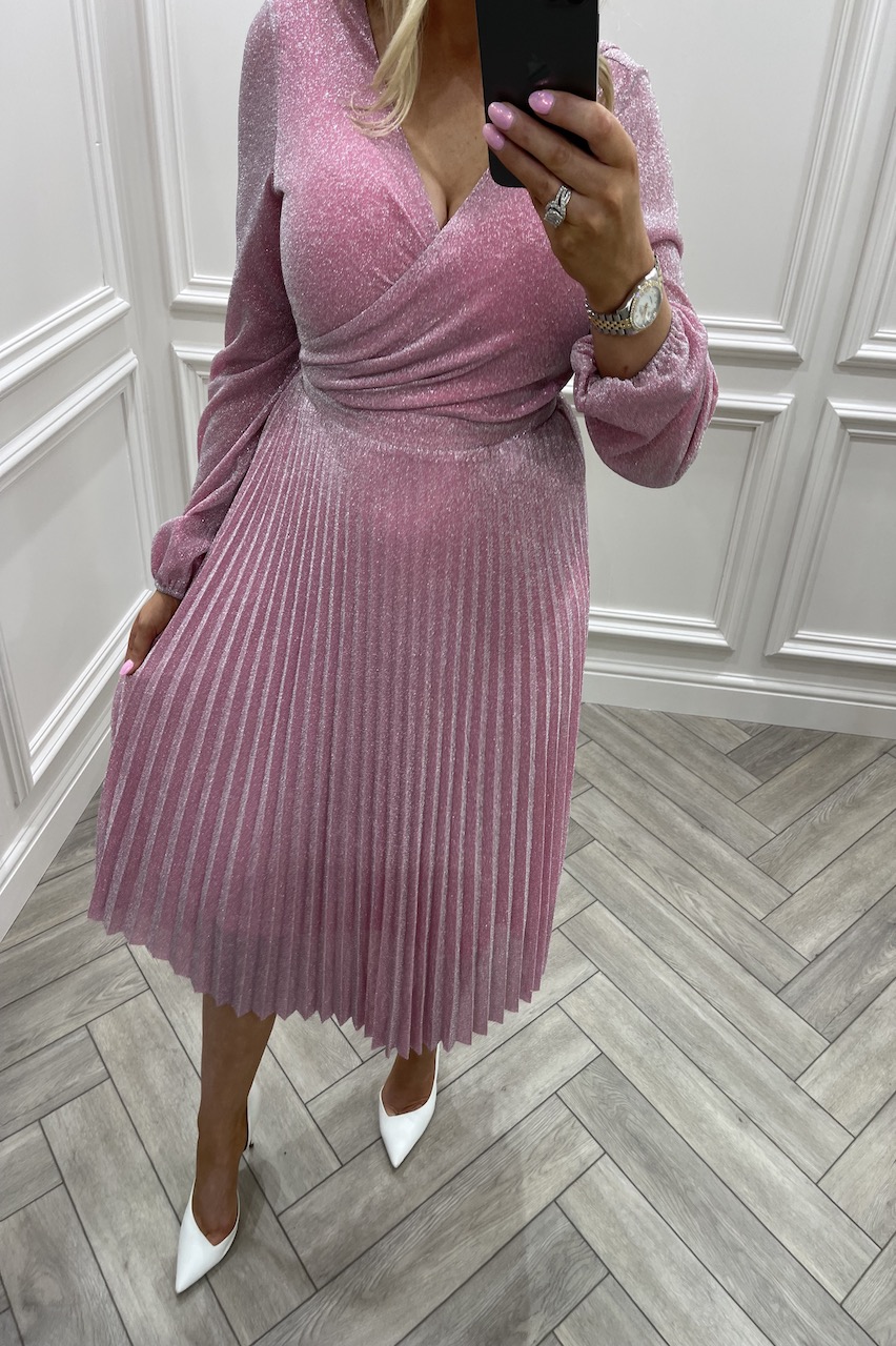 Lux Pink Pleated Skater Dress 