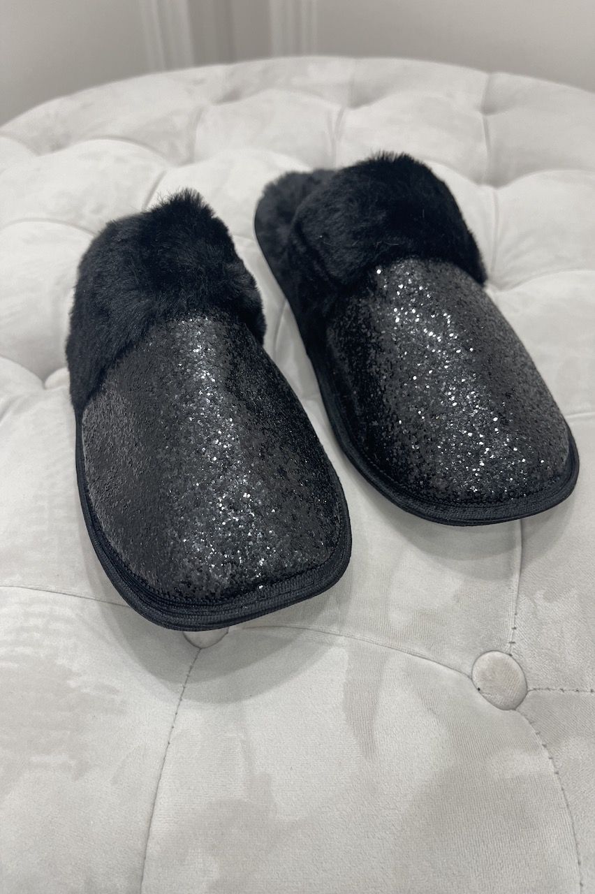 Black Shimmer Sequin Mule Slippers