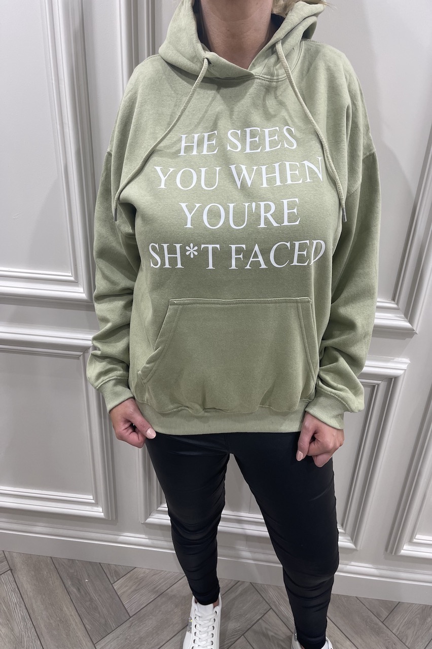 'He sees you when you're sh*t faced'  Christmas Hoodie