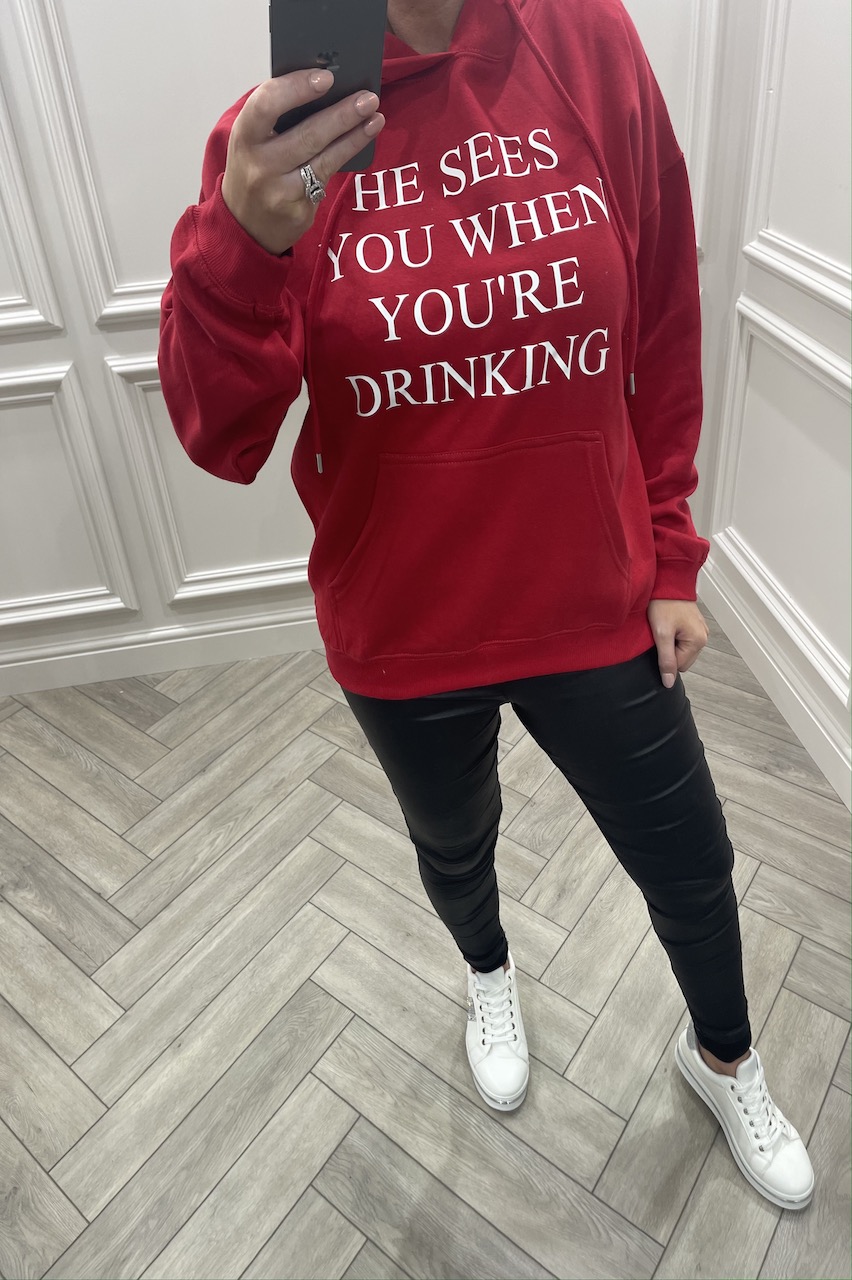 Red 'He sees you when you're drinking'  Christmas Hoodie