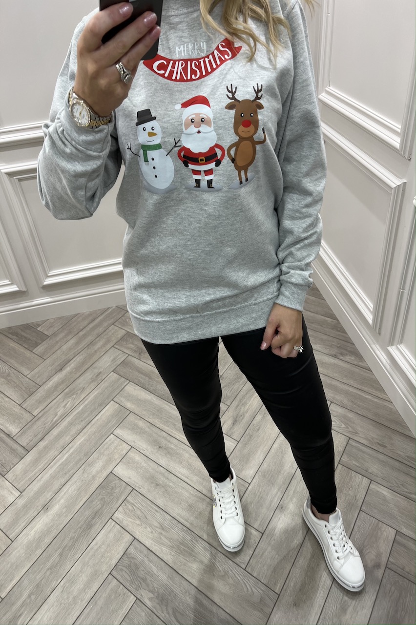 Grey Snowman, Santa & Reindeer Christmas Sweatshirt