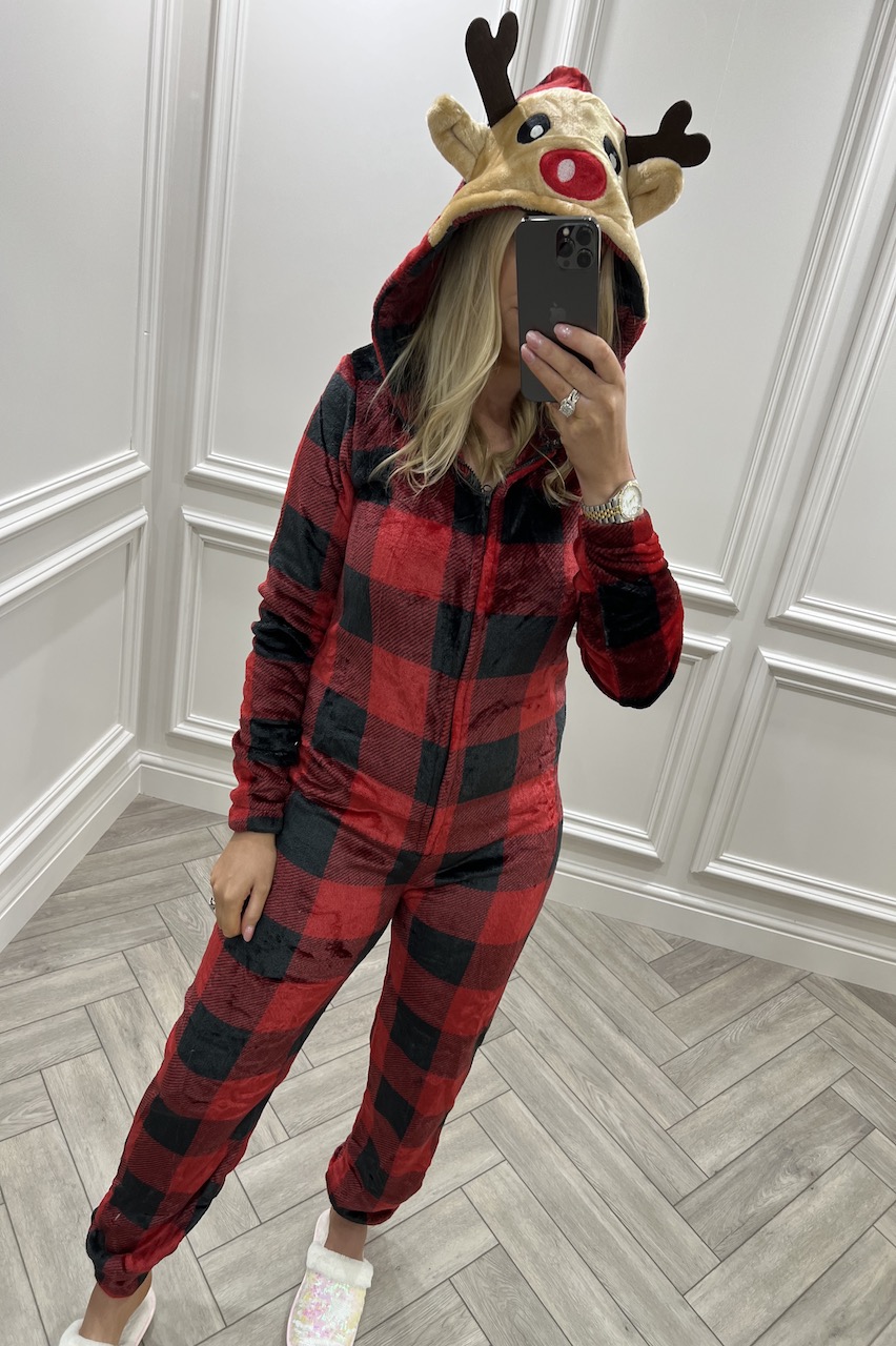 Red Tartan Reindeer Christmas Onesie 