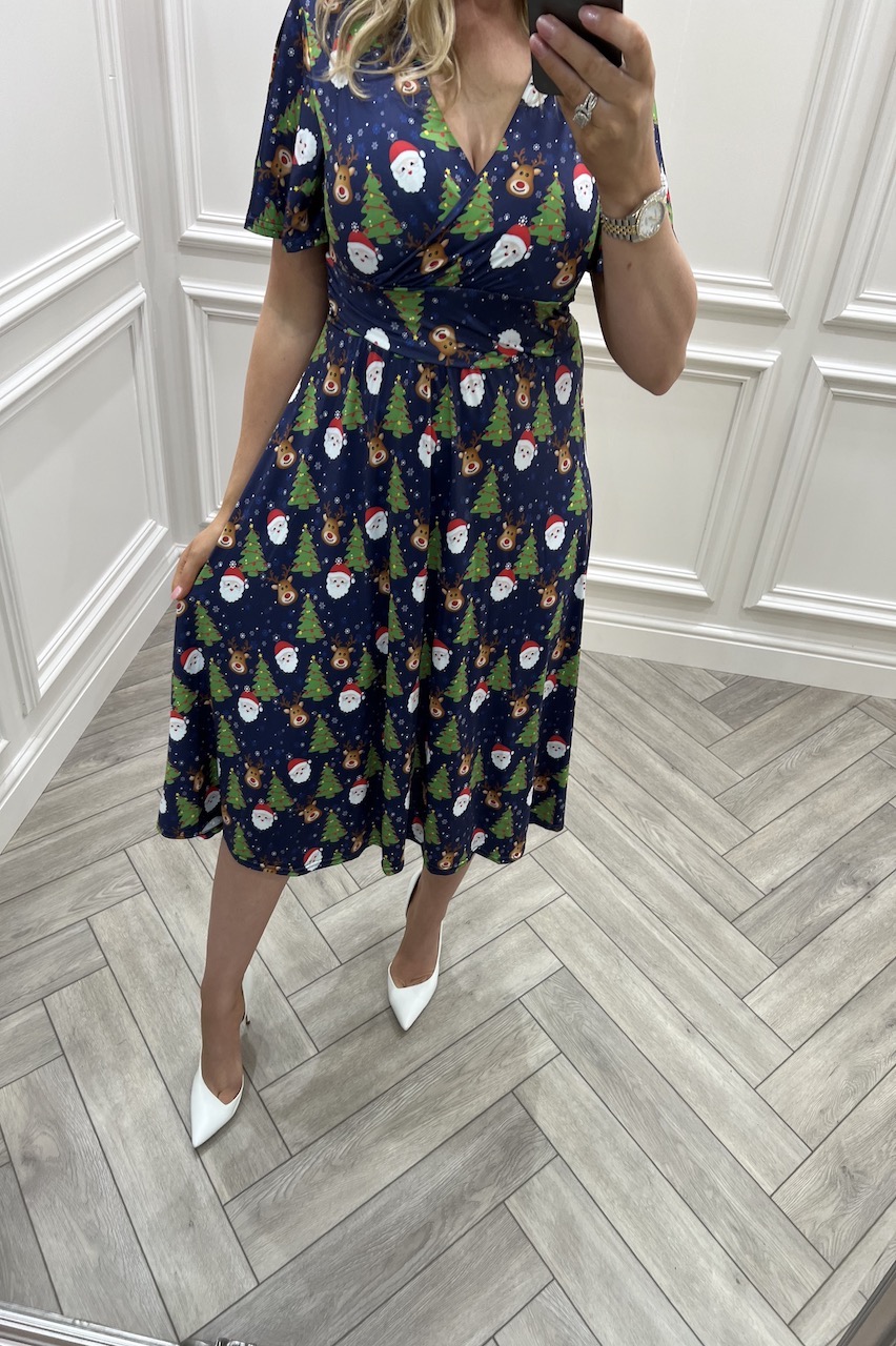 Navy Santa & Reindeer Santorini Skater Dress