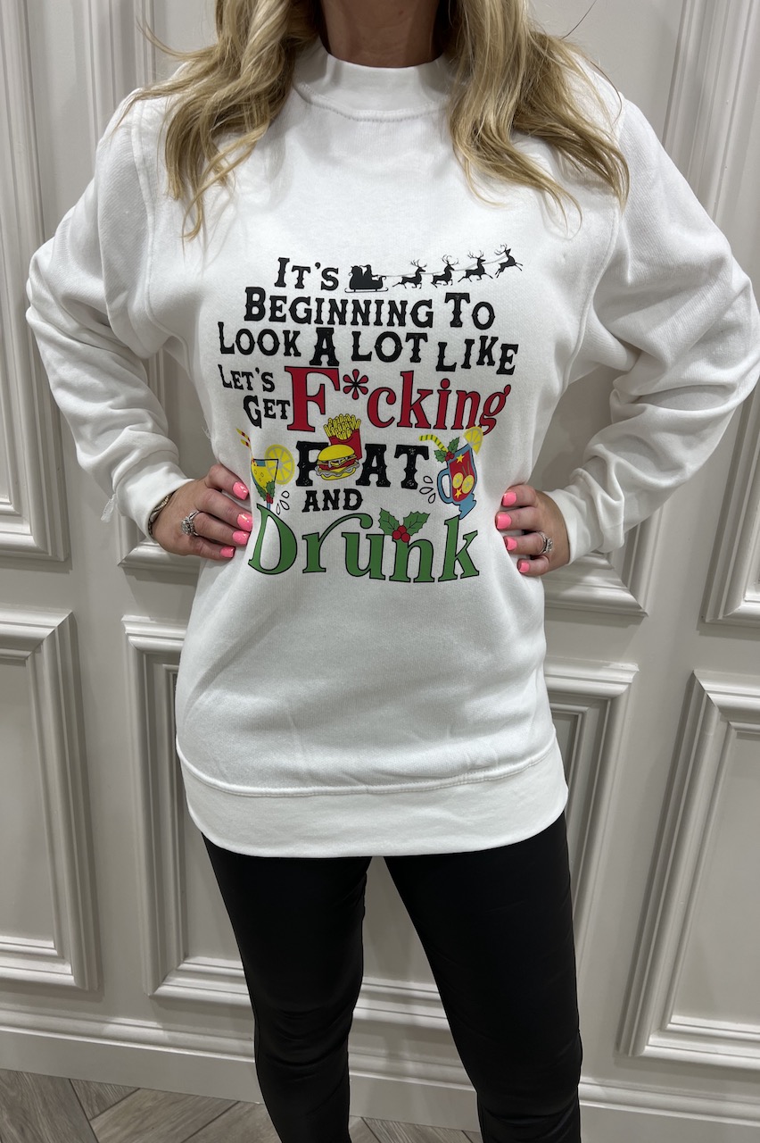 White It's Beginning to Look a Lot Like Let's Get Fat & Drunk Christmas Sweatshirt