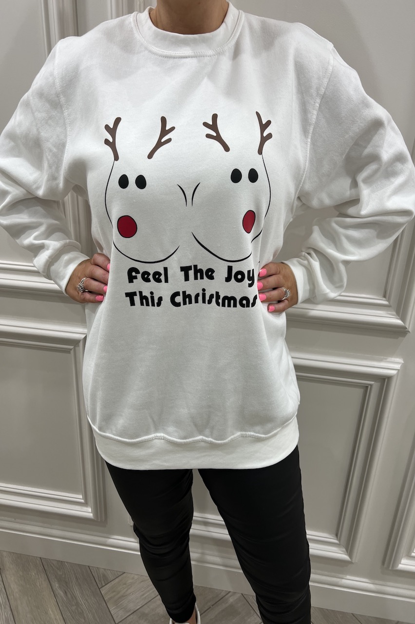 White Reindeer Feel The  Joy  Christmas Sweatshirt
