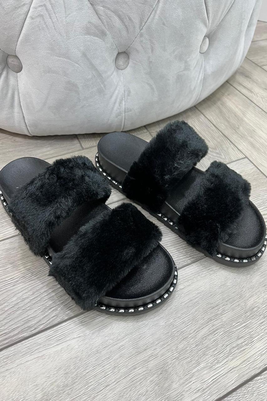 Black Finley Fluffy Sliders