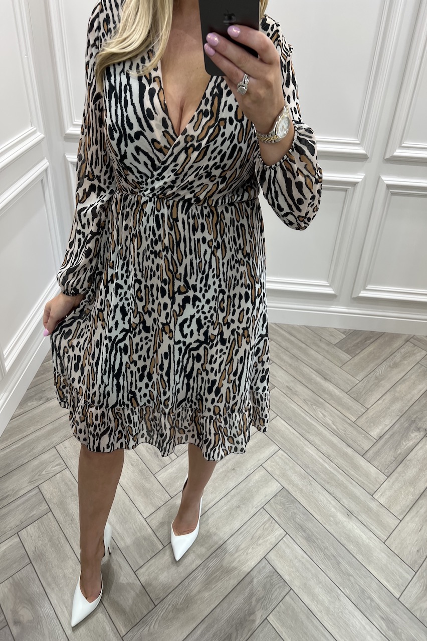 Beige Animal Print Midi Dress 