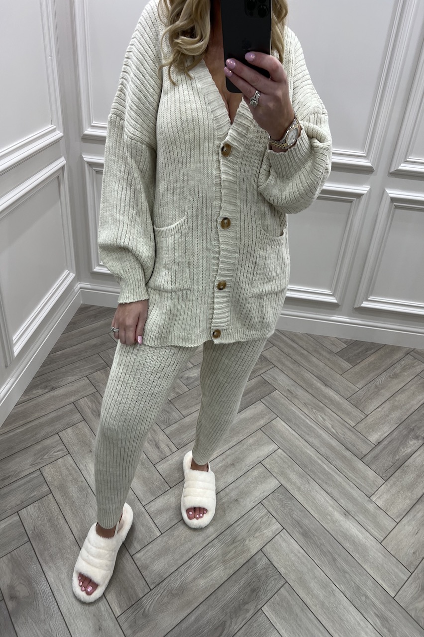 Lara Beige Knitted Button Loungesuit