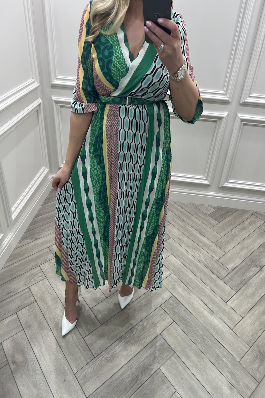 Aimee Green Colour-block Pleated Maxi Dress 