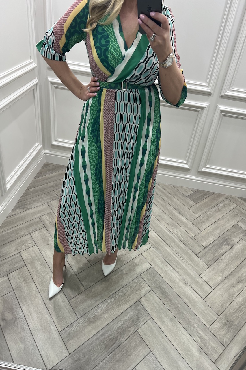 Aimee Green Colour-block Pleated Maxi Dress 