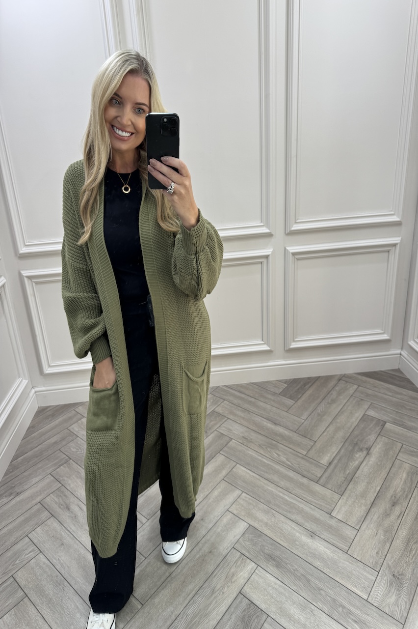 Skylar Khaki Longline Knitted Cardigan 