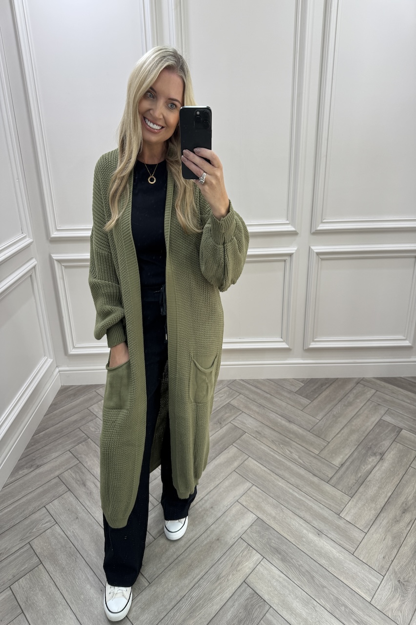 Skylar Khaki Longline Knitted Cardigan 