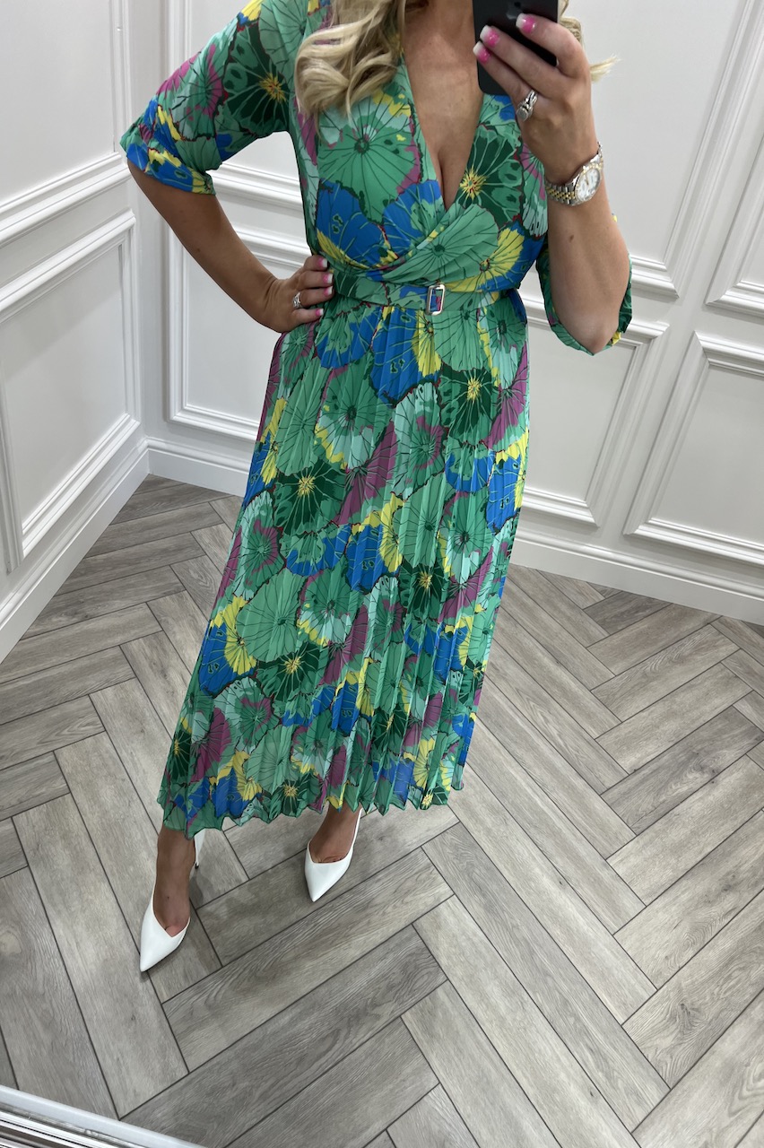 Tatiana Green Floral Pleated Midi Dress