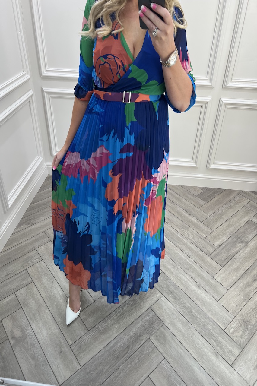 Blue Sofia Floral Pleated Midi  Dress