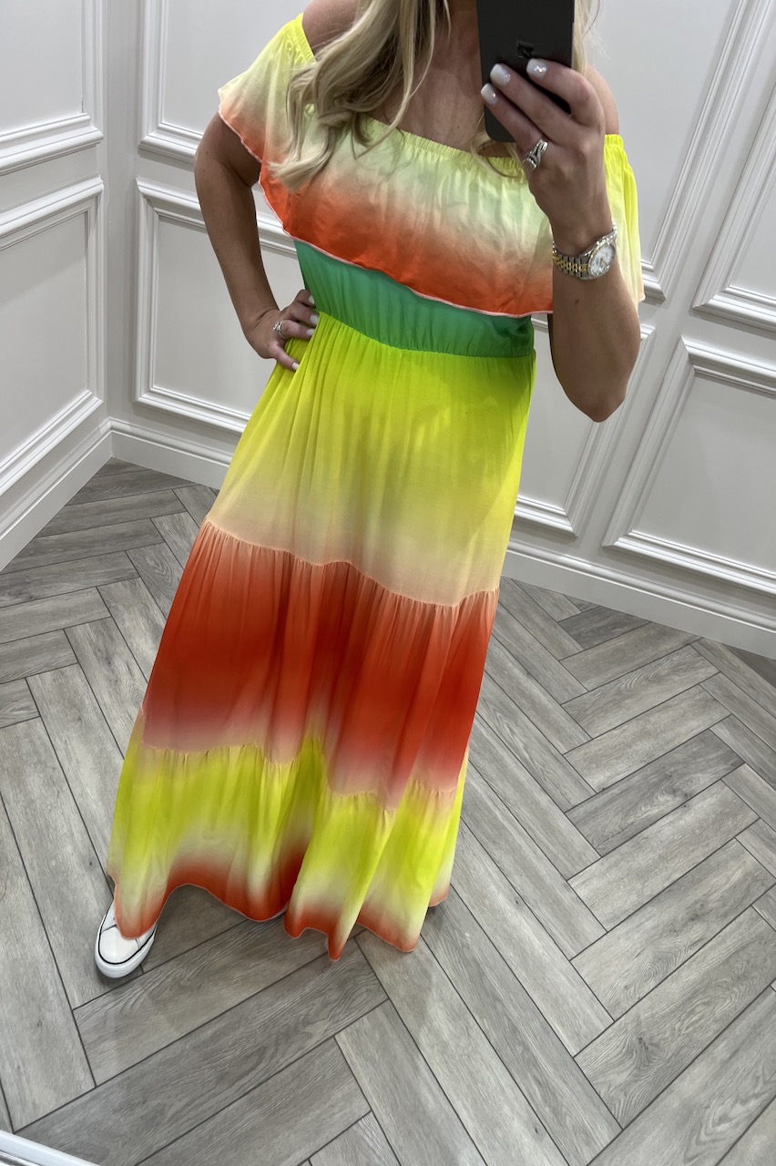 Gracie Yellow Rainbow Bardot Maxi 