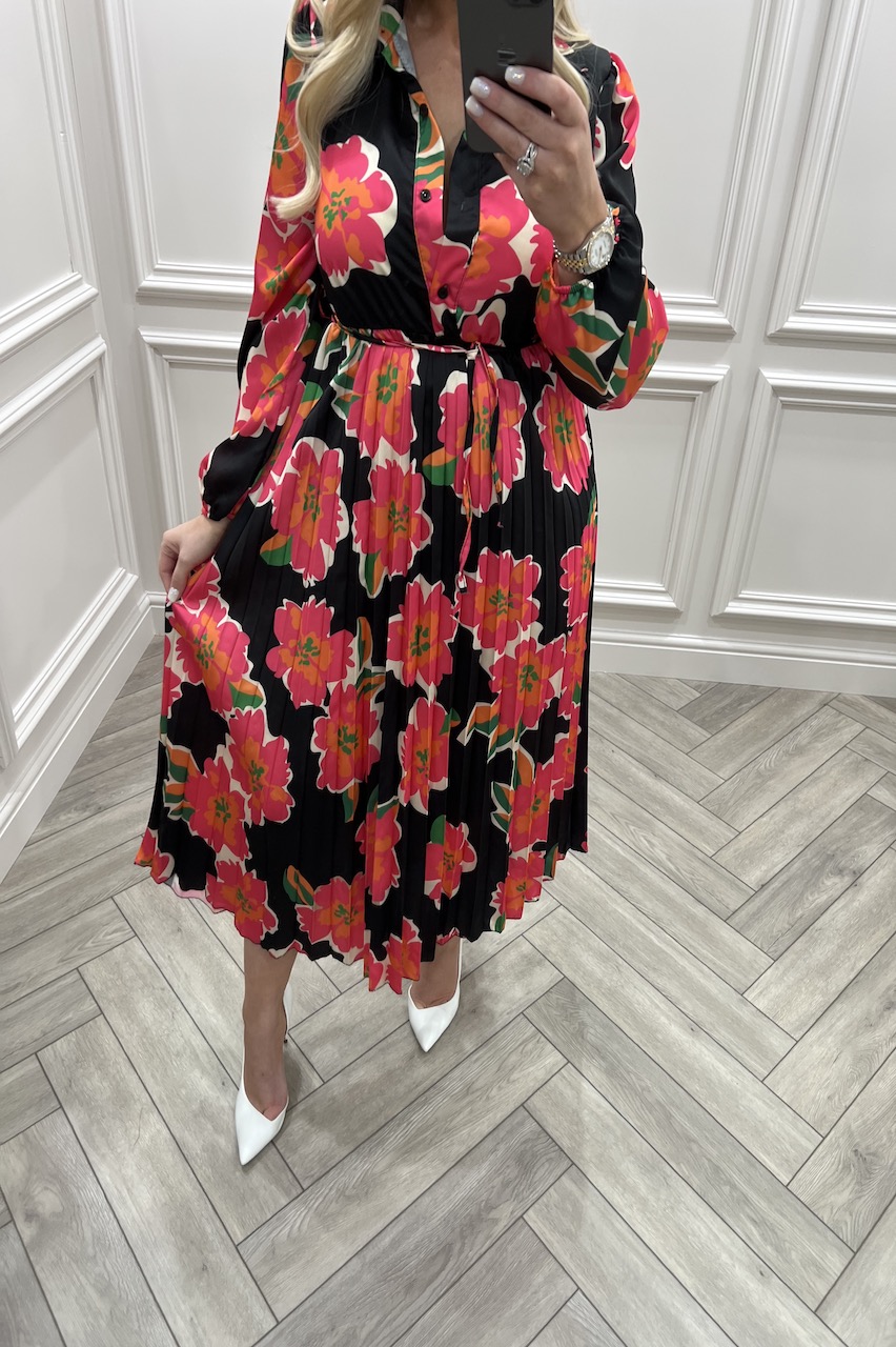 Suzie Black & Red Floral Button Top Pleated Midi Dress