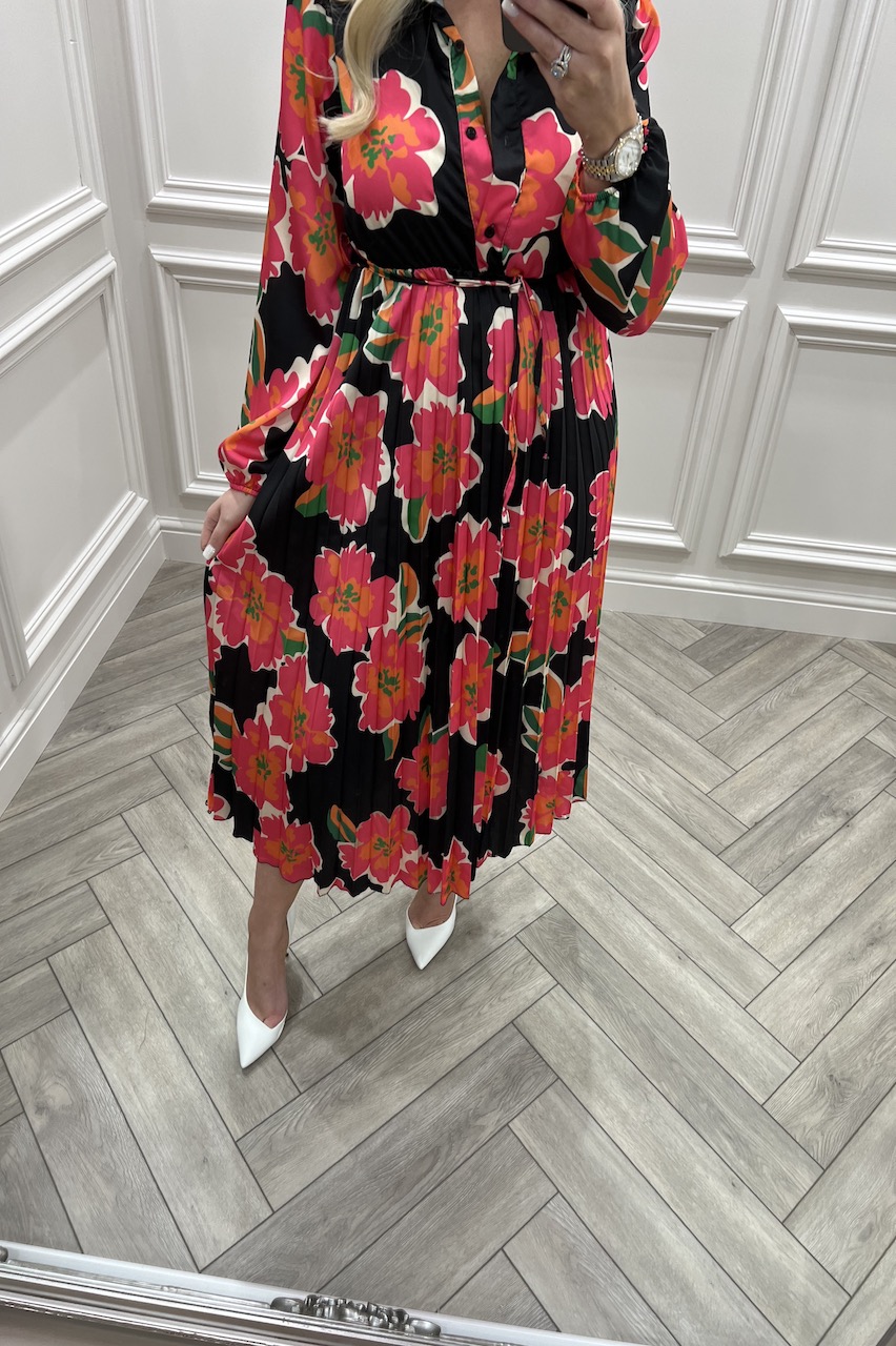 Suzie Black & Red Floral Button Top Pleated Midi Dress