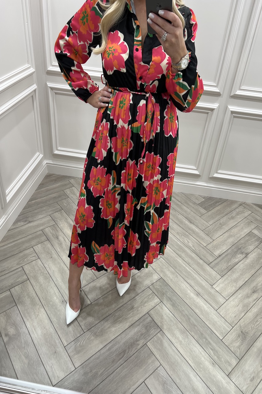 Suzie Black & Red Floral Button Top Pleated Midi Dress