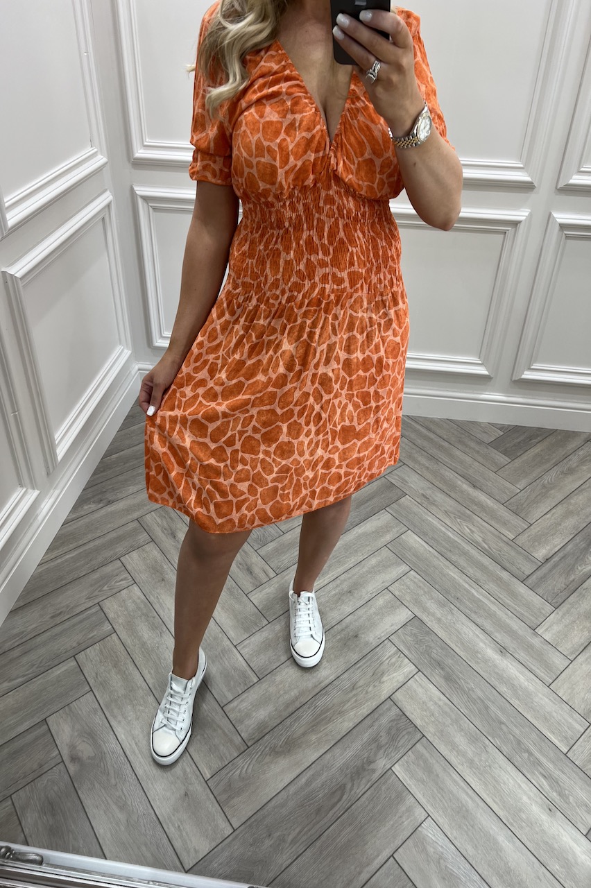 Orange Tao Leopard Shirred Waist Dress