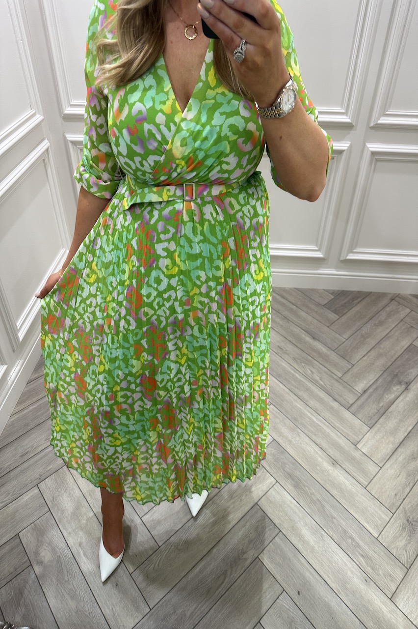 Lime Rainbow Leopard Victoria Pleated Midi Dress