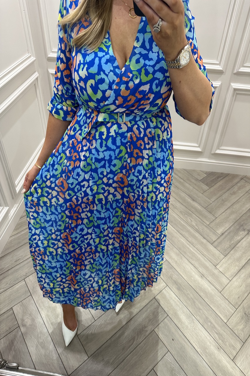 Blue Rainbow Leopard Victoria Pleated Midi Dress