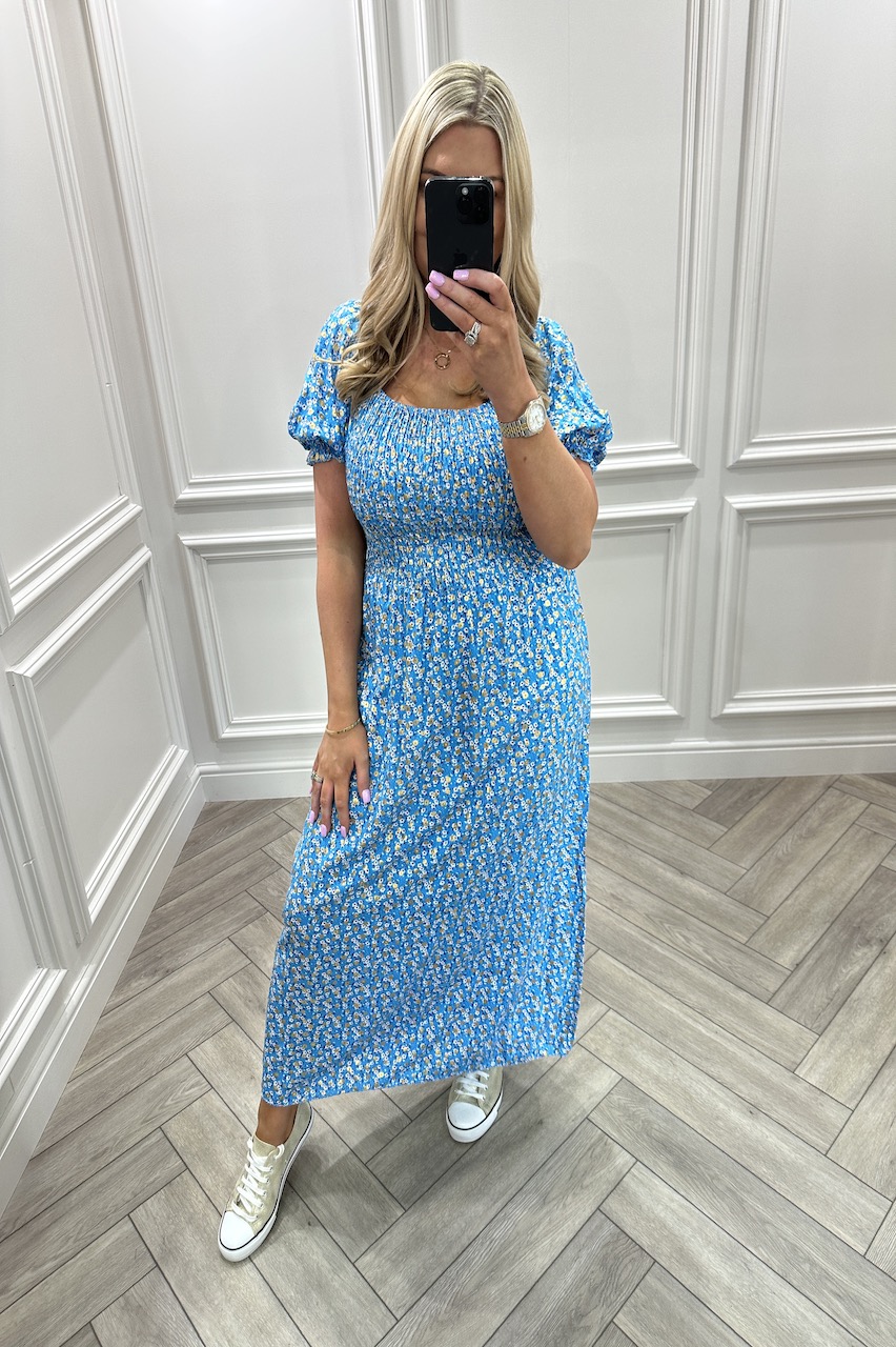 Grace Blue Floral Shimmer Shirred  Midi Dress