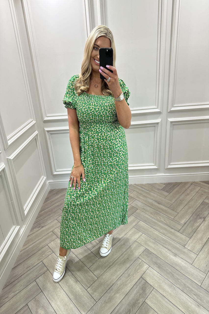 Grace Green Floral Shimmer Shirred  Midi Dress