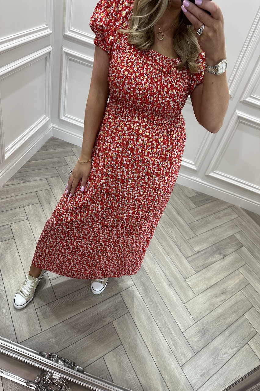 Grace Red Floral Shimmer Shirred  Midi Dress