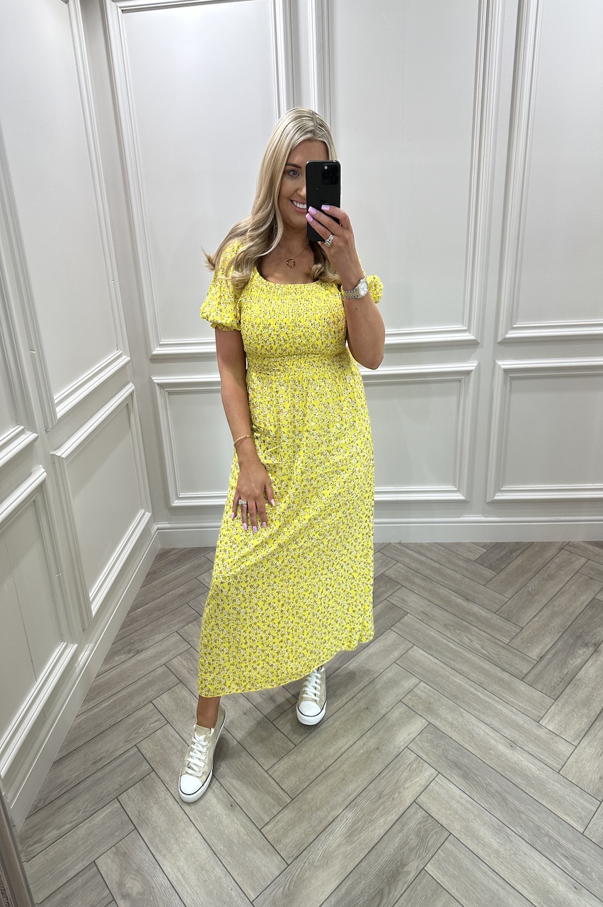 Grace Yellow Floral Shimmer Shirred  Midi Dress