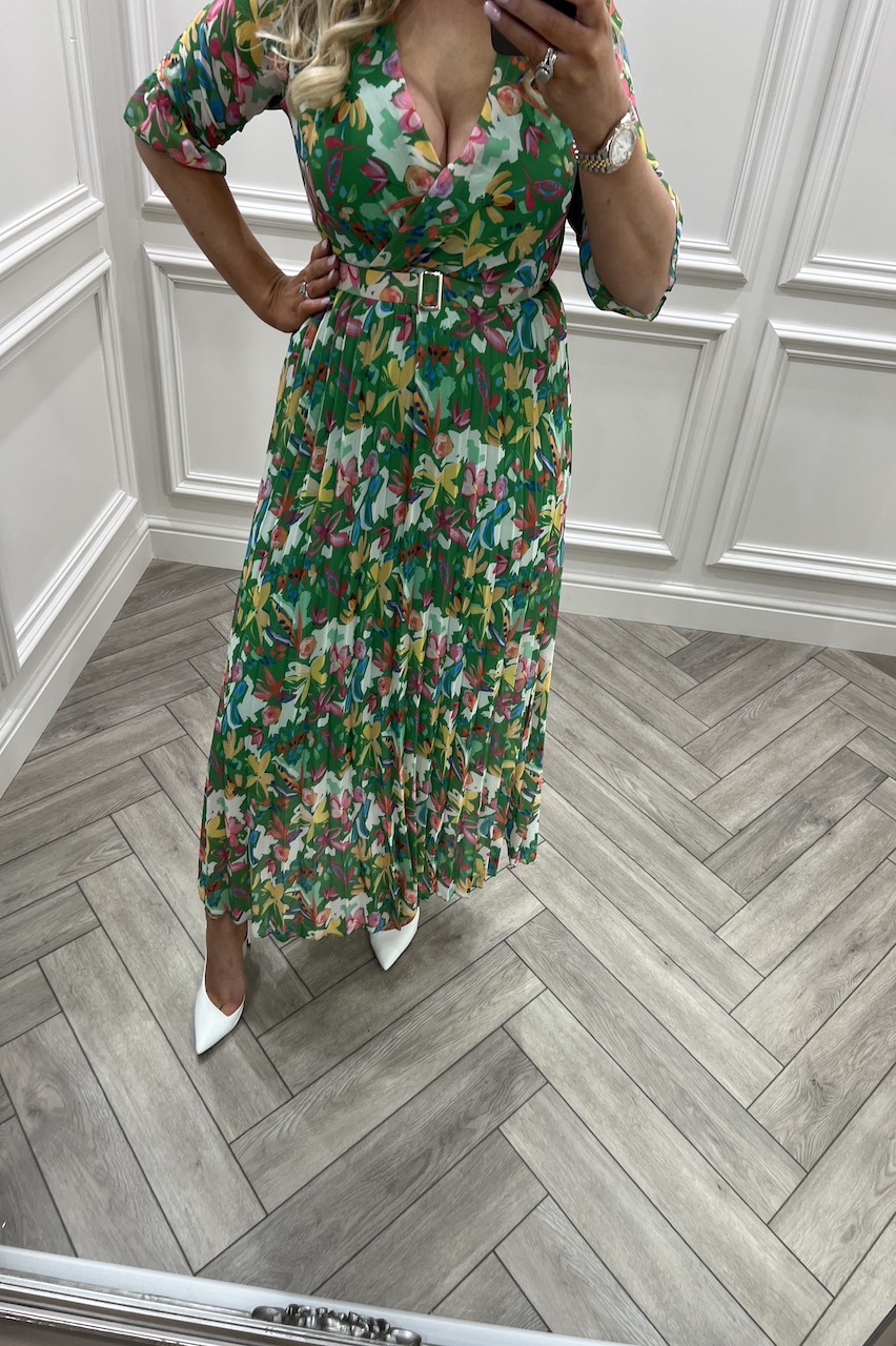 Green  Botanical Pleated Midi Dress