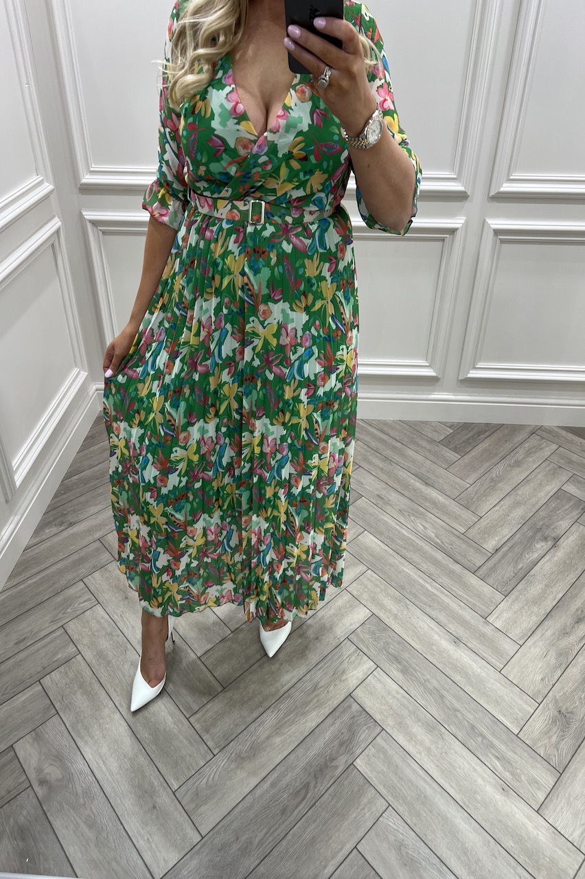 Green  Botanical Pleated Midi Dress