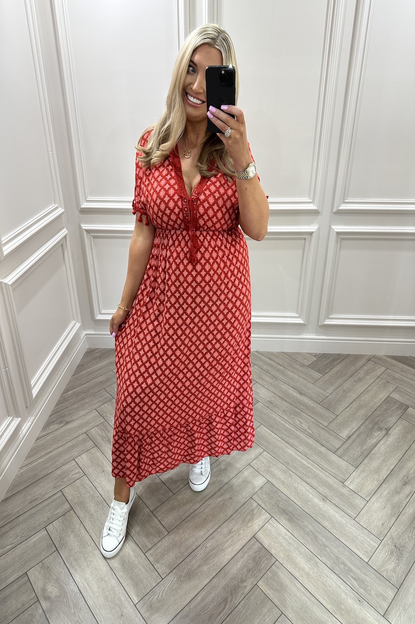 Red Dakota Pattern Midi Dress