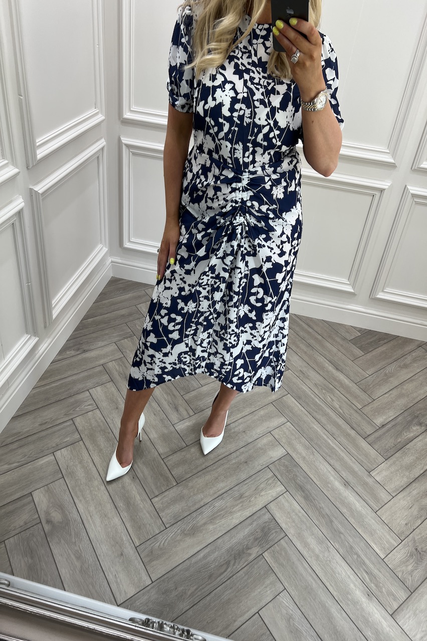 Luna Navy & White  Floral Ruched Front Midi Dress