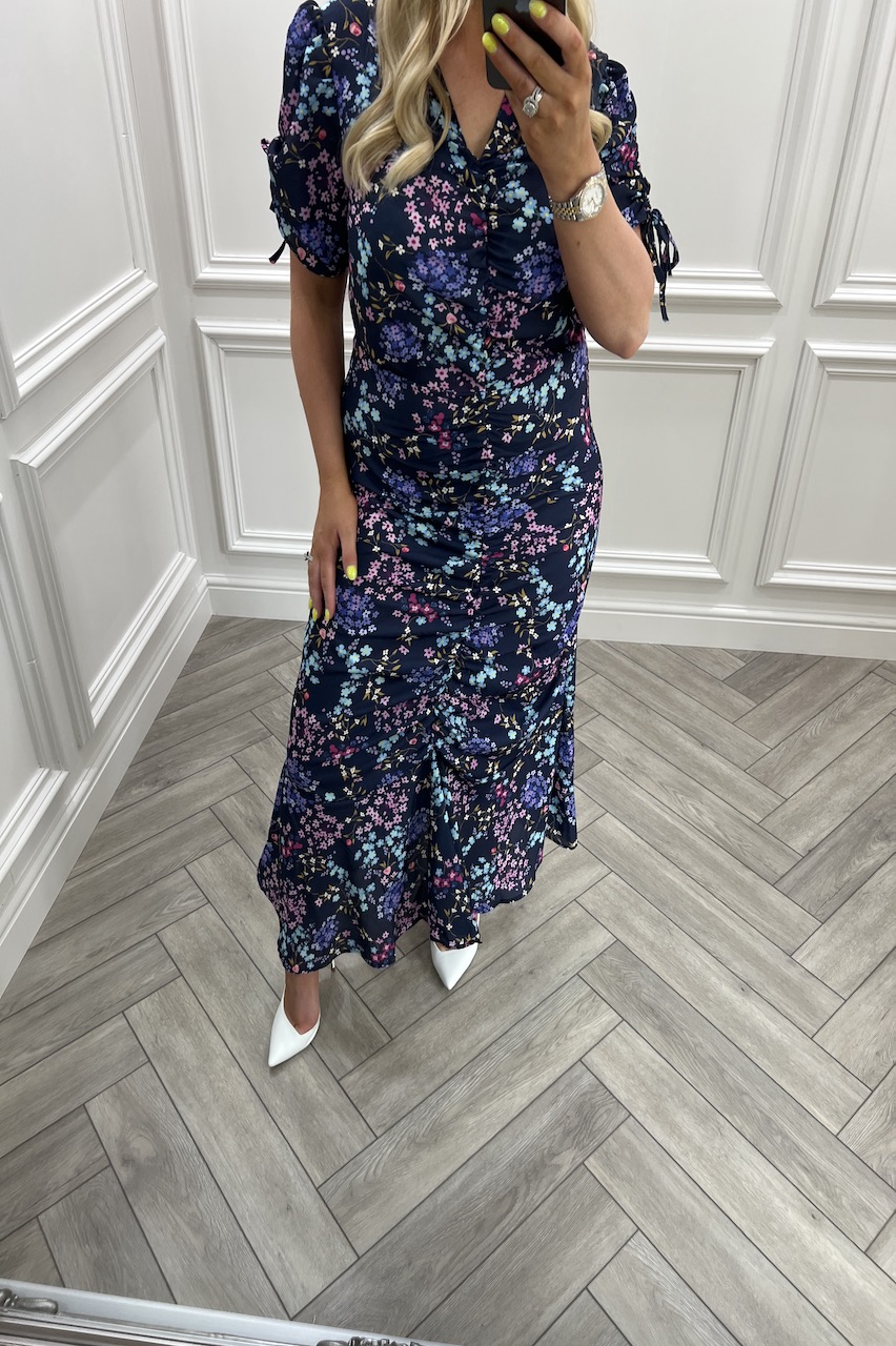 Scarlett Navy, Pink & Blue Floral Ruched Front Midi Dress