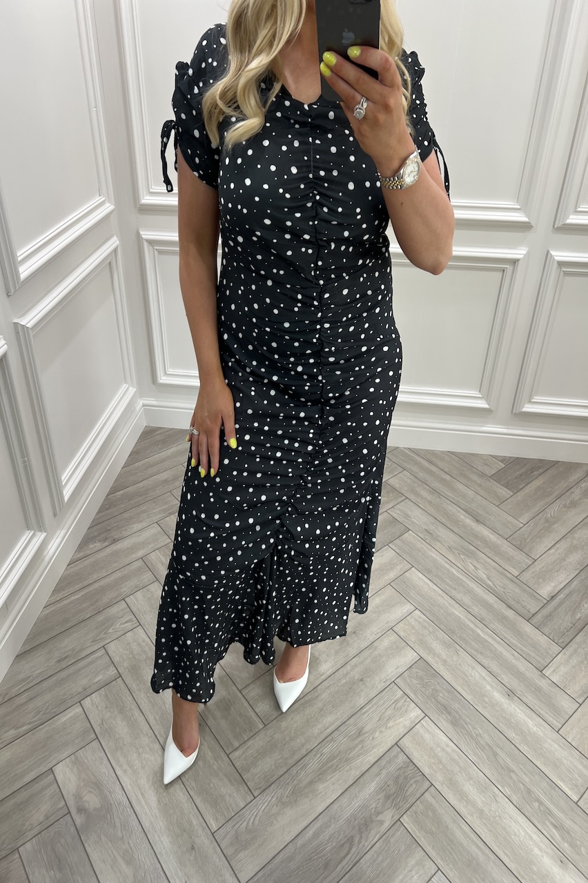 Scarlett Black& White Polka Dot Ruched Front Midi Dress