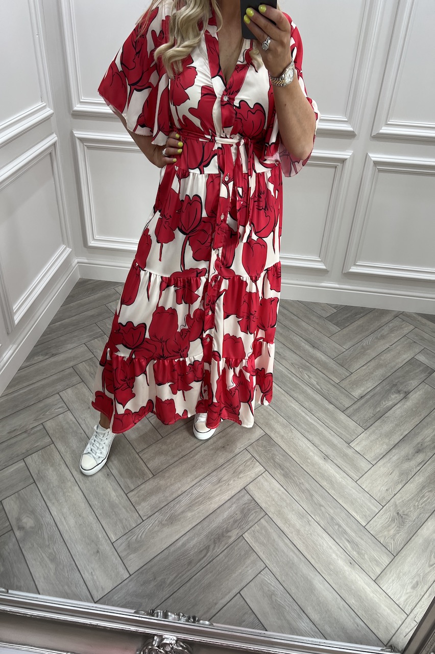 White & red Sunkissed Floral Button Midi Dress