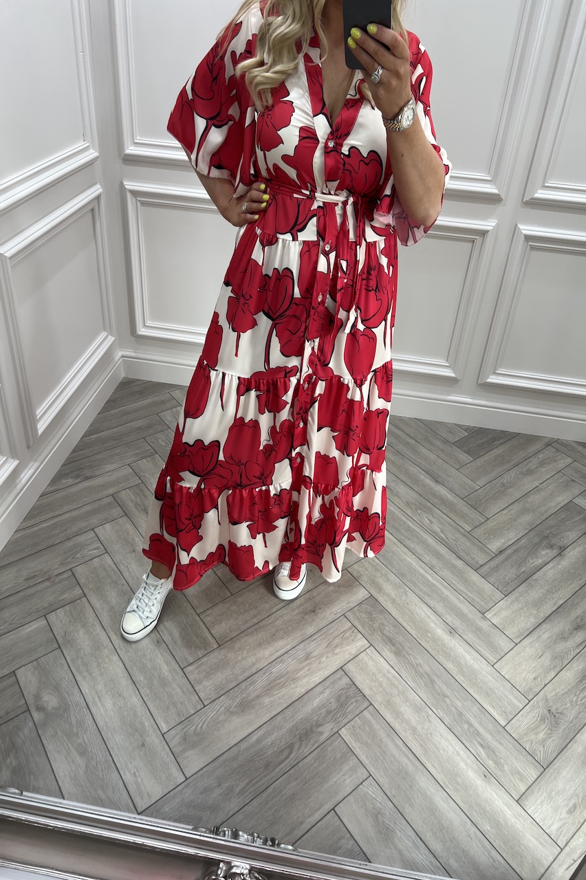 White & red Sunkissed Floral Button Midi Dress