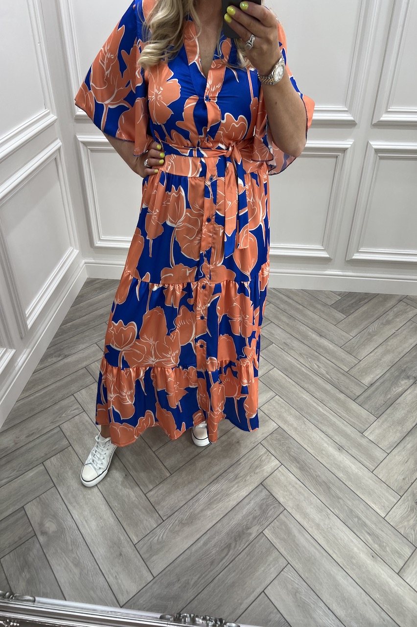 Blue & Orange Sunkissed Floral Button Midi Dress