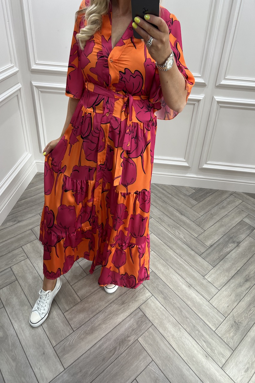 Orange & Pink Sunkissed Floral Button Midi Dress