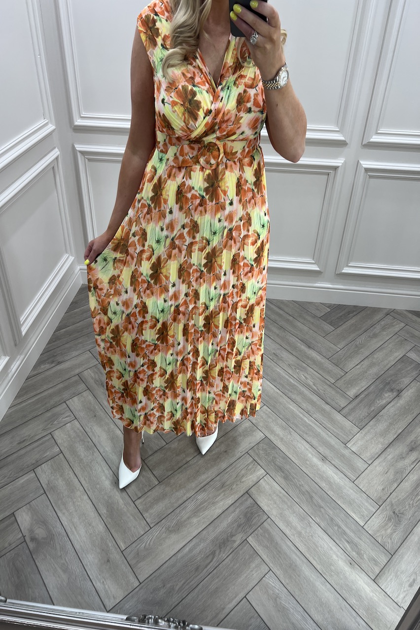 Alesha Yellow Floral Pleated Midi Dress