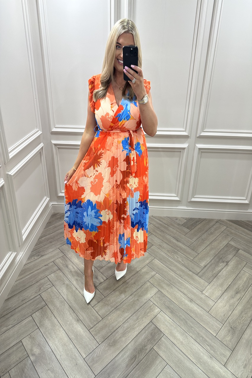 Frill Orange Sofia Pleated Midi Dress
