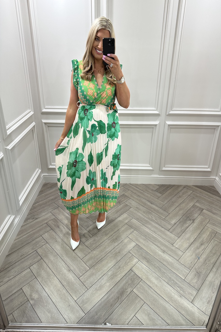 Green  In Bloom Pleated Midi Dress