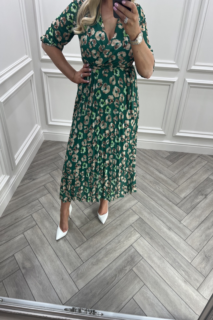 Green Lu Lu Leopard Print Chiffon Belt Pleated Midi Dress